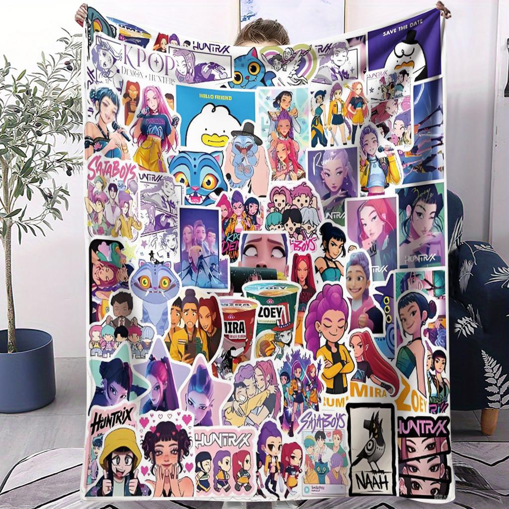 HUNTRIX KPOP Demon Hunters Anime Blanket Cover Flannel Throw Blankets Airplane Travel Portable Ultra-Soft Warm Sleeping Blanket