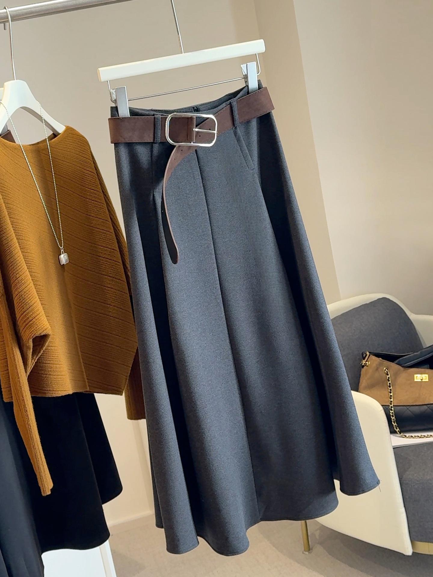 Premium Wool Midi A-Line Skirt - Women’s 2025 Autumn/Winter Korean Style, Slim Fit, Fashionable Temperament Small серый