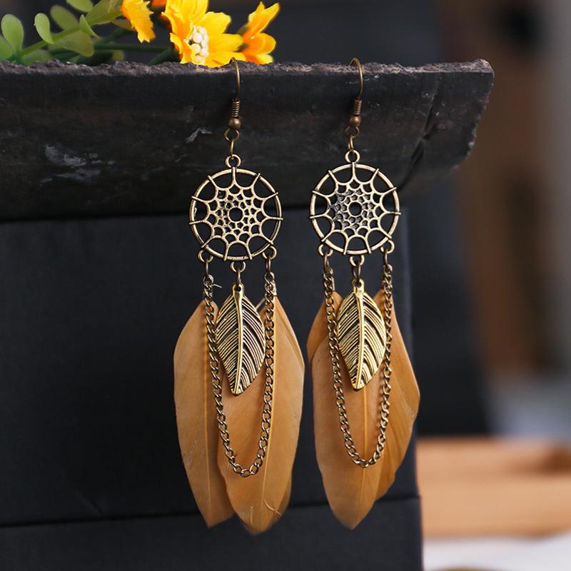 Modische Böhmische Bunte Federohrringe für Damen Ethnischer Stil Lange Geometrische Ohrringe Damen Schmuck Accessoires Geschenk
