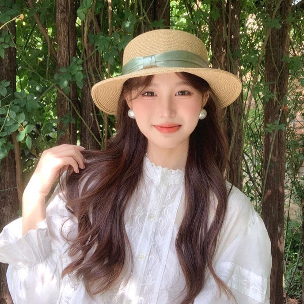 Breathable Straw Woven Hat Elegant Women's Sun Hat Retro Beach Flat Top Hat  Ladies