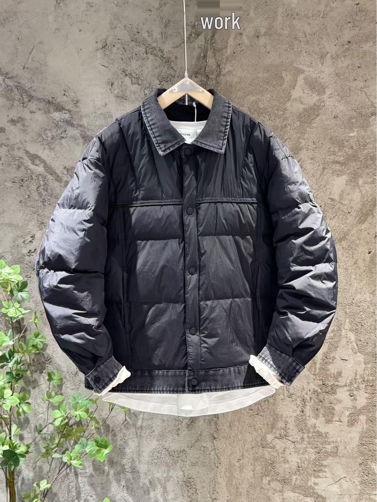 

Men s White Duck Down Denim Patchwork Jacket: Trendy, Lightweight, Two-Piece Design, Lapel, Pure Color Winter Outerwear XL чорний