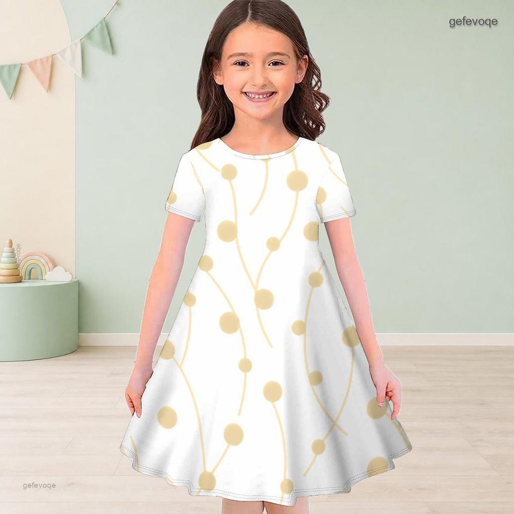 Girls Round Neck Short Sleeve Floral Tree Printed A Line Flared Black Dress