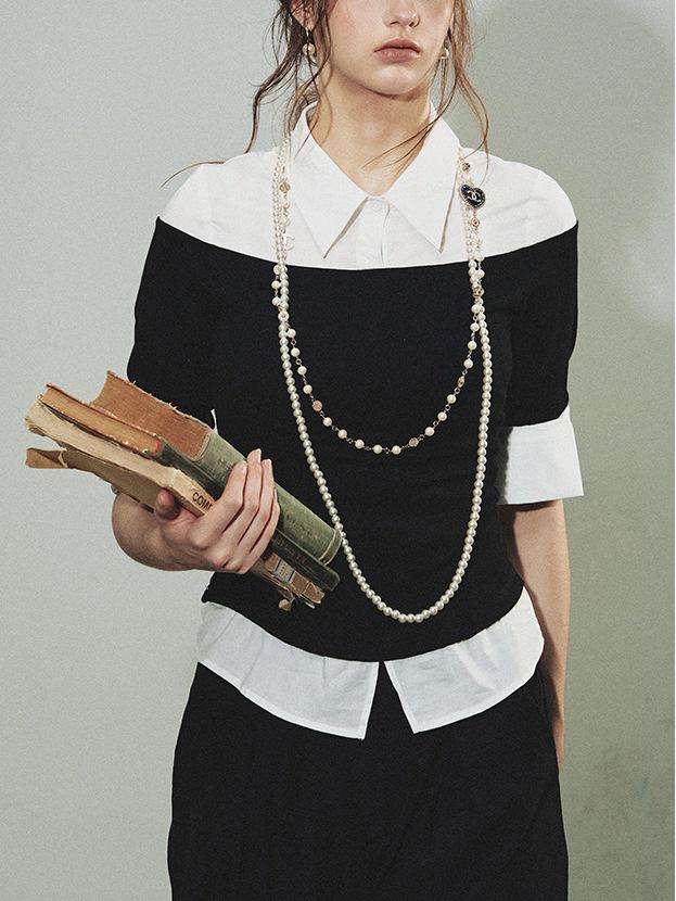 

Classic Replica Women s Patchwork Knit Shirt - French Style, Old Money Elegance, Inspired by Movie Fashion, Faux Two-Piece Design. L білий/чорний