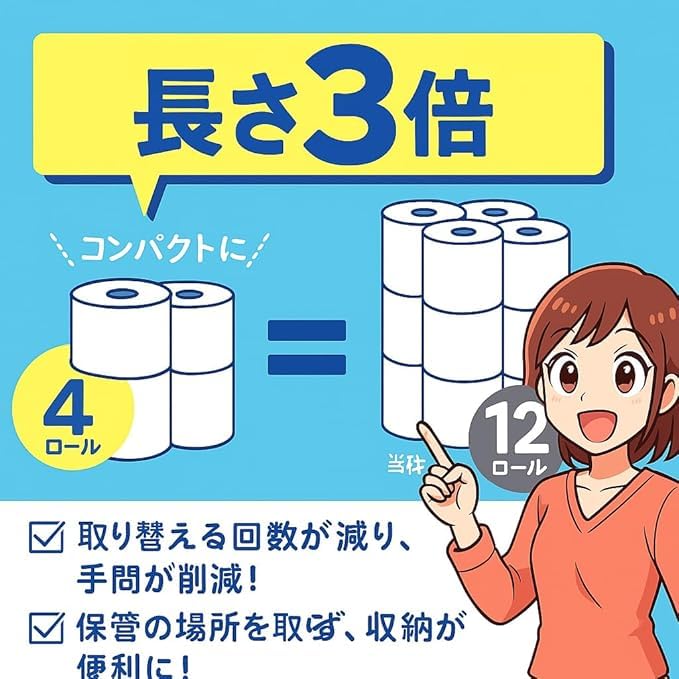 Toilet 3 times longer 4 rolls x 2 bulk flower includes original paper, single-ply, lasting, 150m, packs, purchase, design, tissues.