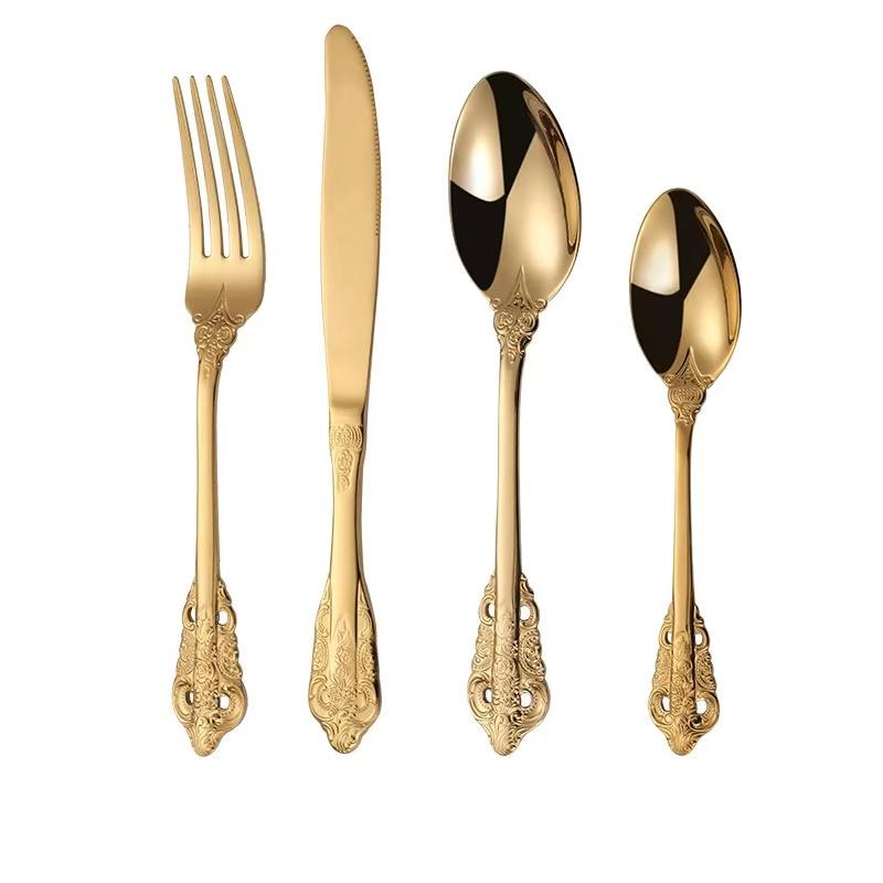 

4 PCS Retro Luxury Tableware Vintage Stainless Steel Dinner Knife Fork Spoon Wedding Banquet Cutlery Western Dinnerware Set золотистый