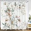 1 Piece White And Pink Flowers With Teal Leaves Shower Curtain, Polyester Fabric, Machine Washable, Suitable For Bathroom