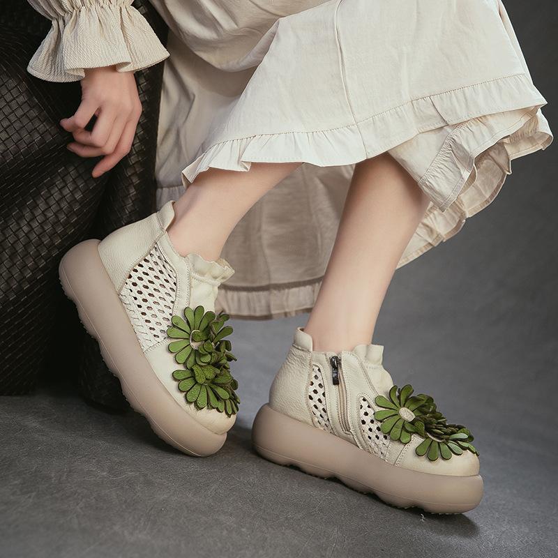 2026 Nuovi Stivaletti Floreali Traforati da Donna Sandali in Vera Pelle di Mucca con Zip Laterale Scarpe Piattaforma Stile Romano Vintage