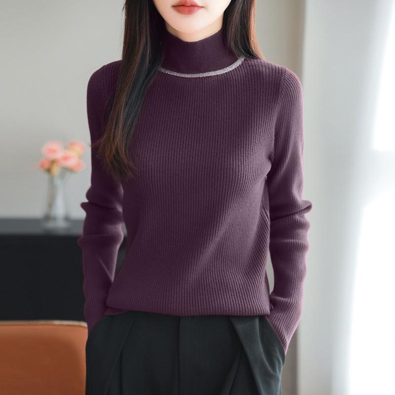 2026 Rhinestone High Neck Slim Fit Women's Knitwear Sweater - Chic Autumn Winter Base Layer