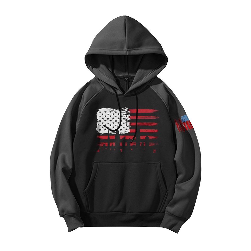 Herren Lässiges Kapuzen-Sweatshirt mit Kordelzug, lang, mit Flaggen-Print und Taschen