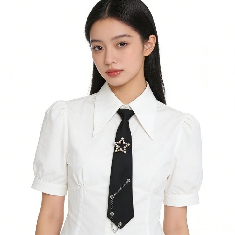 Student Pre Tied Neck Ties Preepy Look Pearls Star Metal Chain Dark Tie Cravat Neck Wear Accessories