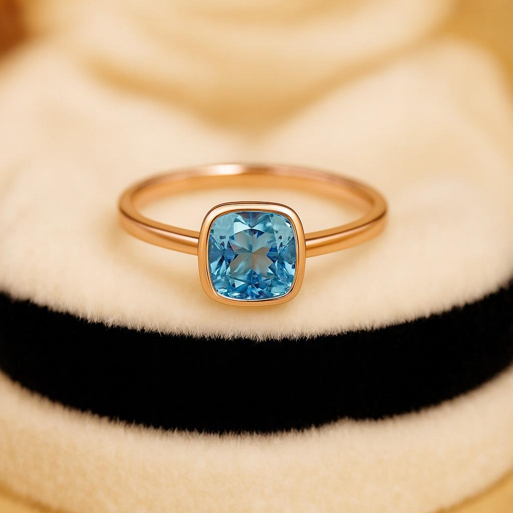 Cushion Cut Aquamarine Solitaire Ring – Yellow Gold Plated Bezel Setting, Engagement Wedding Jewellery Gift for Women