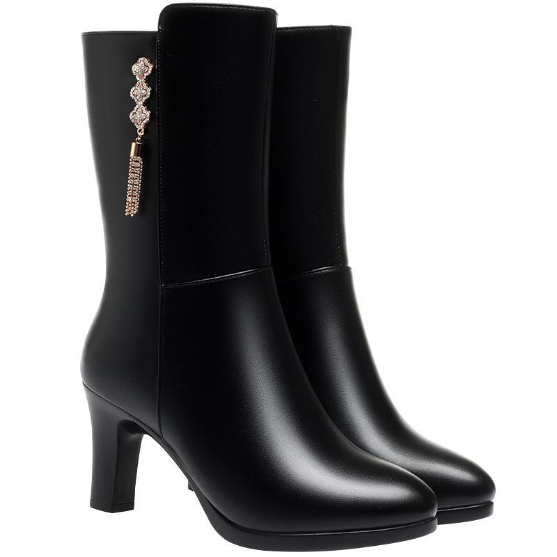 Women's Winter Warm Soft Fashion Leather Female Boots High-heeled Plush Trend Mid-calf Zipper Round Head Boots