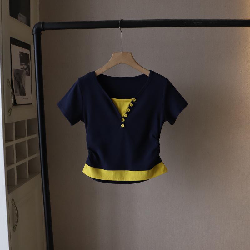 2025 Korean Style V-Neck Color Block Waist-Slimming Two-Piece Look Short-Sleeve T-Shirt