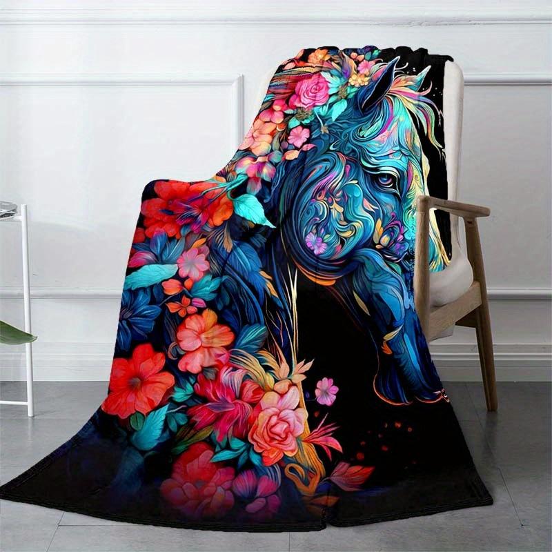 Flowers And Horses Blanket Aesthetic Soft Warm Throw Blanket Nap Blanket For Couch Sofa Office Bed Camping Travel Multipurpose Gift Blanket For All