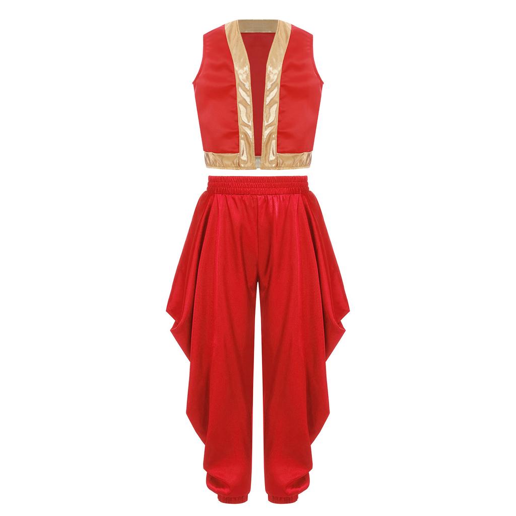 Dětský arabský cosplay kostým Sada Volná vesta Saténové dhoti kalhoty Elastický pas Široké kalhoty Halloweenský převlek