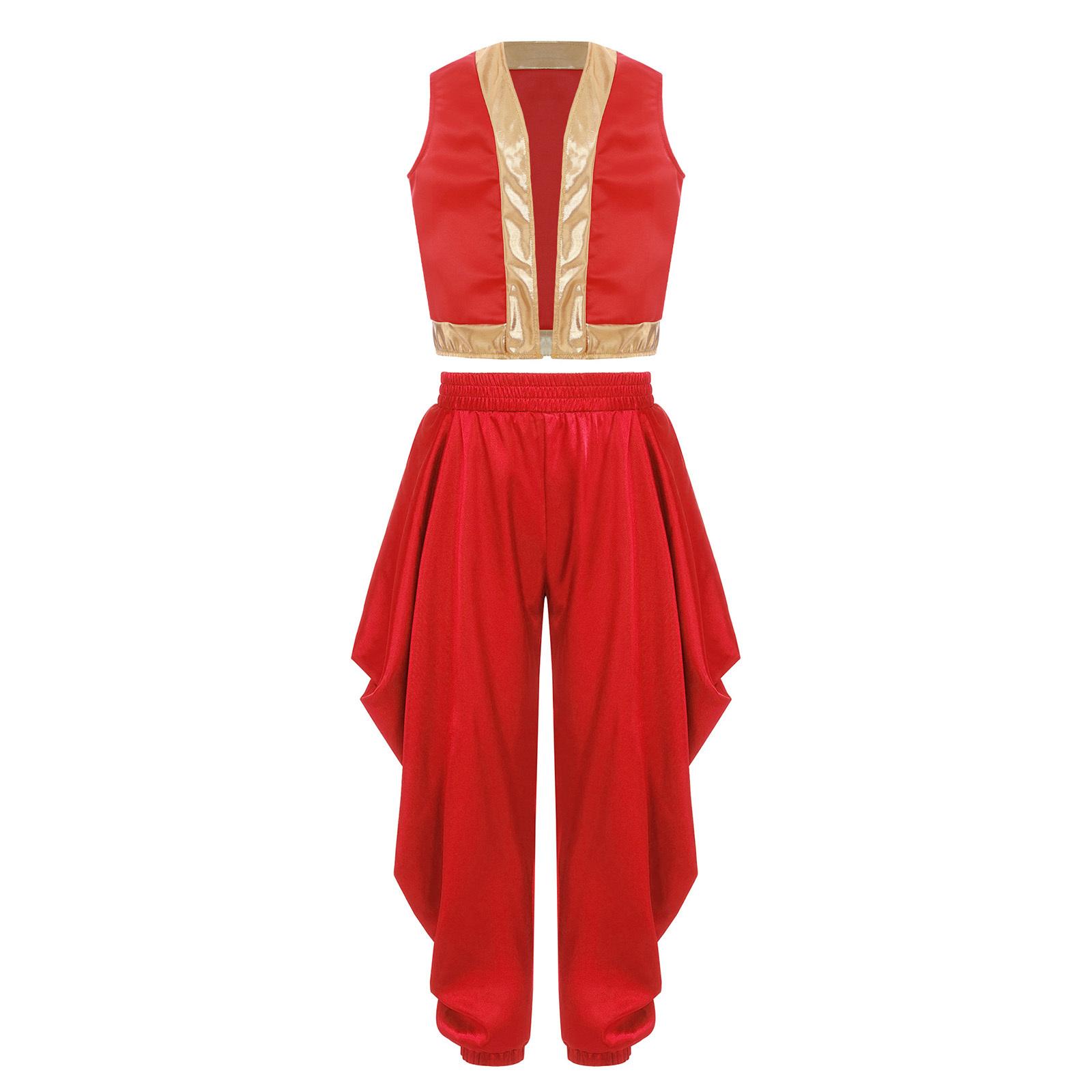 

Дитячий арабський костюм для косплею Набір Вільна жилетка Сатинові штани-дхоті Еластичний пояс Широкі штани Хелловінський костюм для перевдягання 9-10 Years червоний