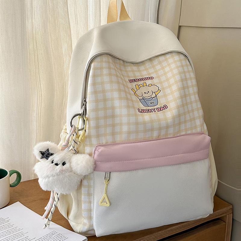 Schoolbag, Korean Style, Fashionable Middle and High School Student Backpack, Large Capacity Double Shoulder Bag for Girls, Fresh and Sweet Plaid