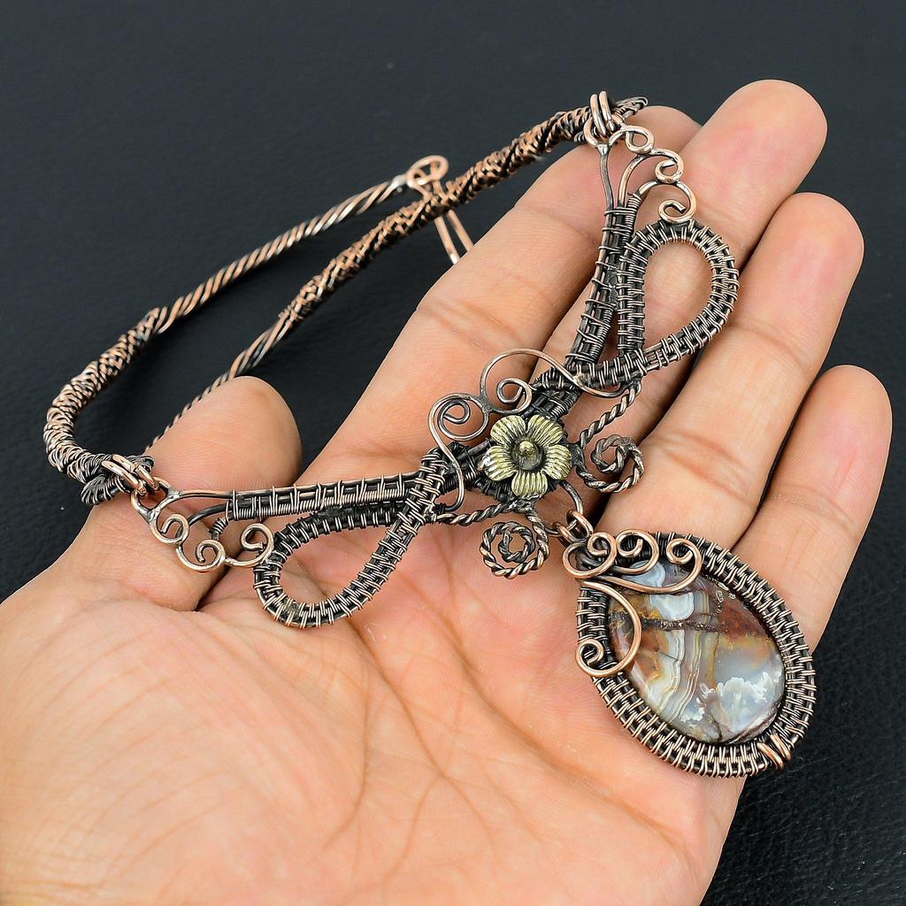 Crazy Lace Agate Handmade Gemstone Necklace, 999 Copper Wire Wrapped Necklace Antique Jewelry, For Engagement Gift