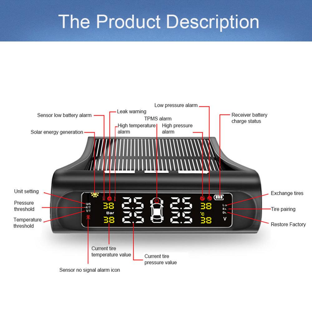 Car TPMS External Tire Pressure Gauge Monitoring System Alarm 4 Sensors Solar Powered Digital LCD Display Security Alarm Systems