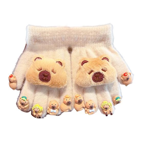 Winter Children Plush Capybara Gloves 3D Capybara Doll Gloves Soft Warm Five Finger Gloves for Cold Weather Outdoors
