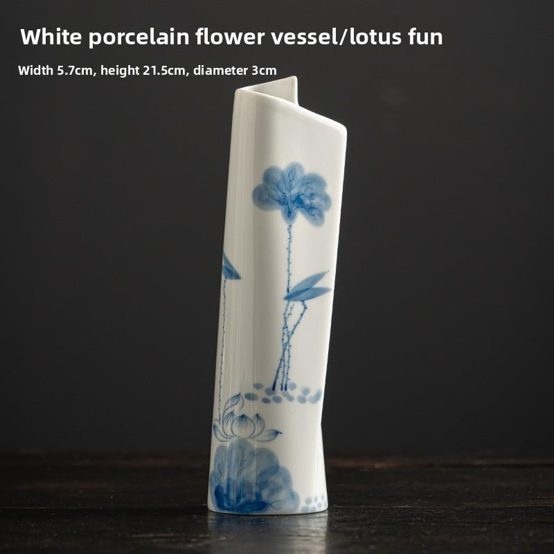 

Chinese Vintage Blue White Porcelain Vase Hand Painted Scroll Flower Container Tea Room Decor