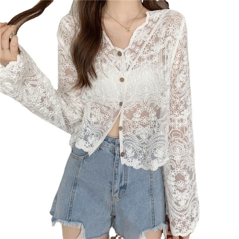 V-Neck Crochet Hollow Lace Sun Protection Cardigan - Summer 2025 Collection