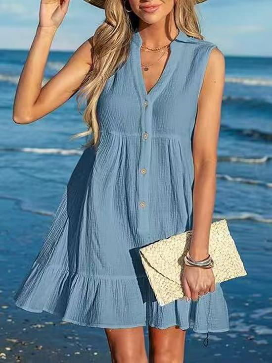 

Літня міні-сукня 2023 року з V-подібним вирізом, на ґудзиках, бавовняно-лляна, дихаюча, для пляжного відпочинку, повсякденна Double Extra Large небо синє кольору