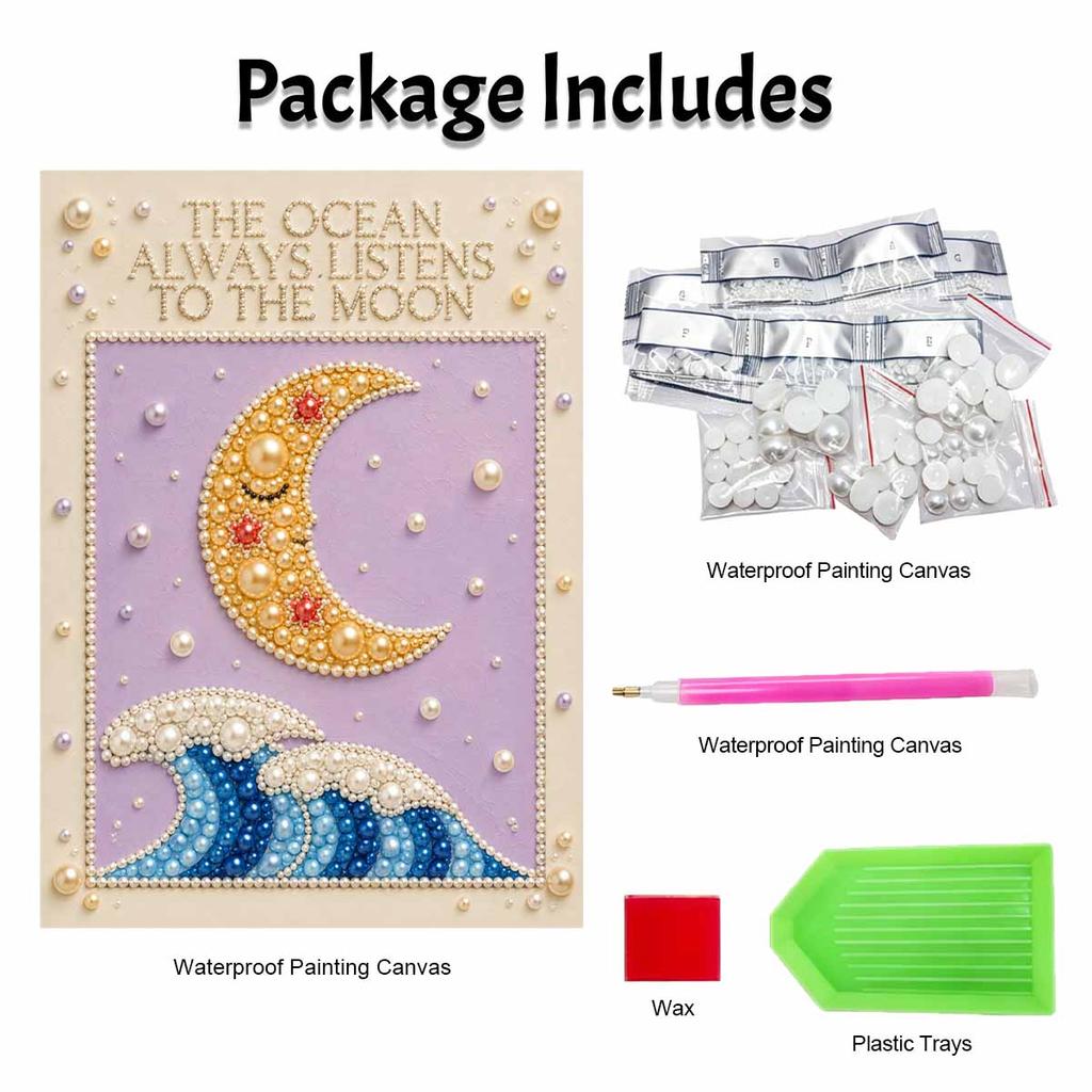 Unique 5D Framed Pearl Painting Kit with Ocean Moon and Waves Pattern Sparkling Bead Art Canvas DIY Handmade Craft for Living Room Decor