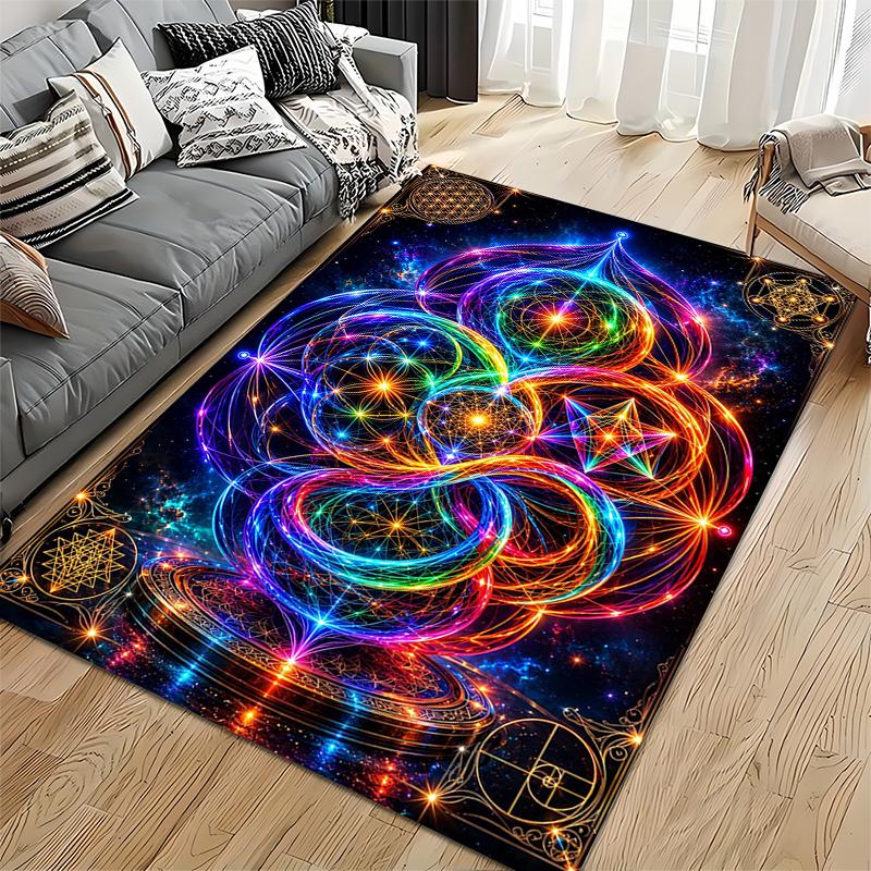 Area Rug, Sacred Geometry Rainbow Neon Flower of Life Nebula Print, Meditation Room Decor, Non-Slip Mat