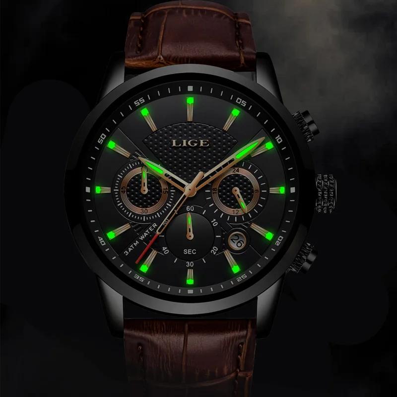 LIGE Mens Watches Luxury Waterproof Military Sport Man Watch Chronograph Genuine Leather Men Quartz Wristwatch Relogio Masculino