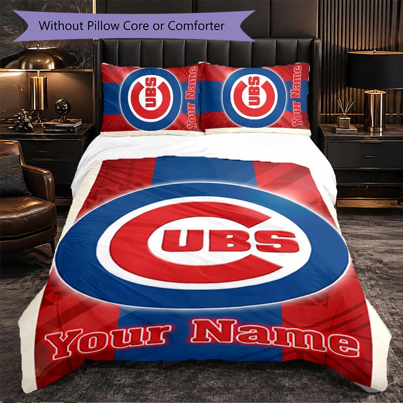 Chicago Cubs Customized Name Text Bedding Set, 1 Duvet Cover & 2 Pillowcases Personalized Bedroom Gift