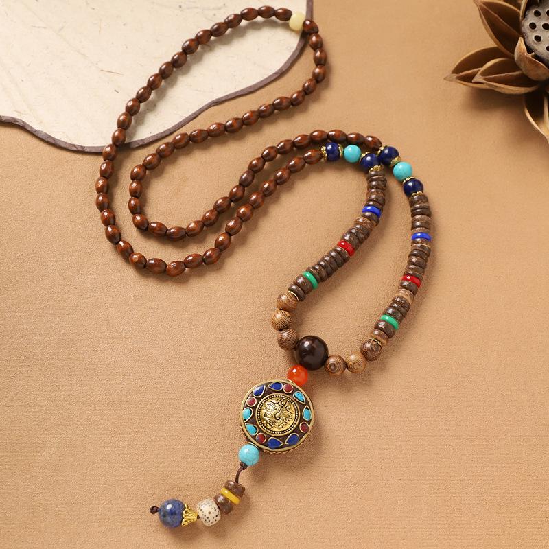 Nepalesiskt halsband retro litterärt träpärlat långt exotiskt tröjkedja damaccessoarer