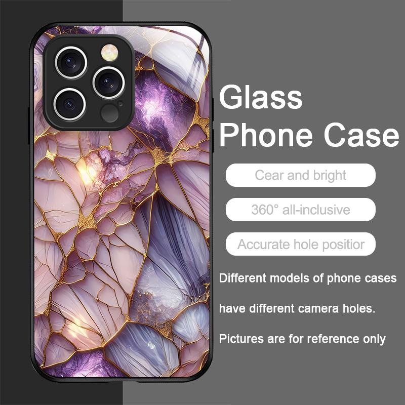 Stylish Purple-Crystal Marble Texture Tempered Glass Phone Case for IPhone 17 16 Pro Max 15 14 13 12 Mini 11 X XS 7 8 Plus Cover