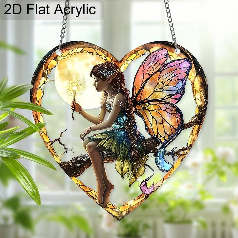 Acrylic Heart-Shaped Fairy with Moon Suncatcher, Stained Glass Style Window Hanging Ornament for Fantasy and Nature Lovers