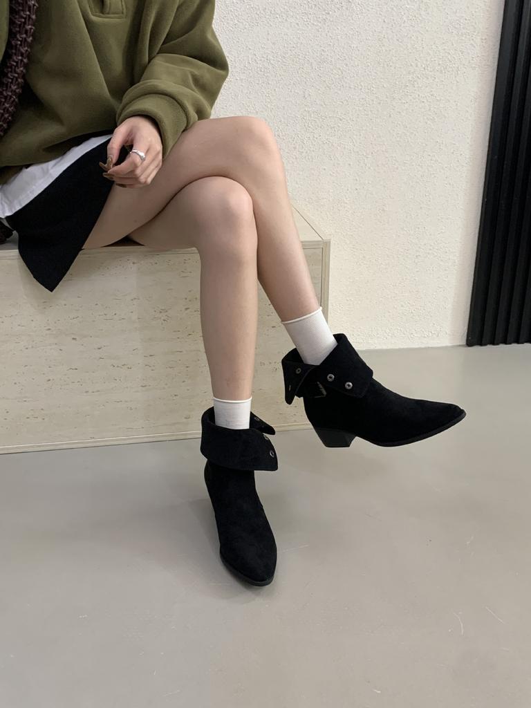 French niche two wear thick heel belt buckle short boots women's autumn and winter new retro classic sleeve suede thin boots