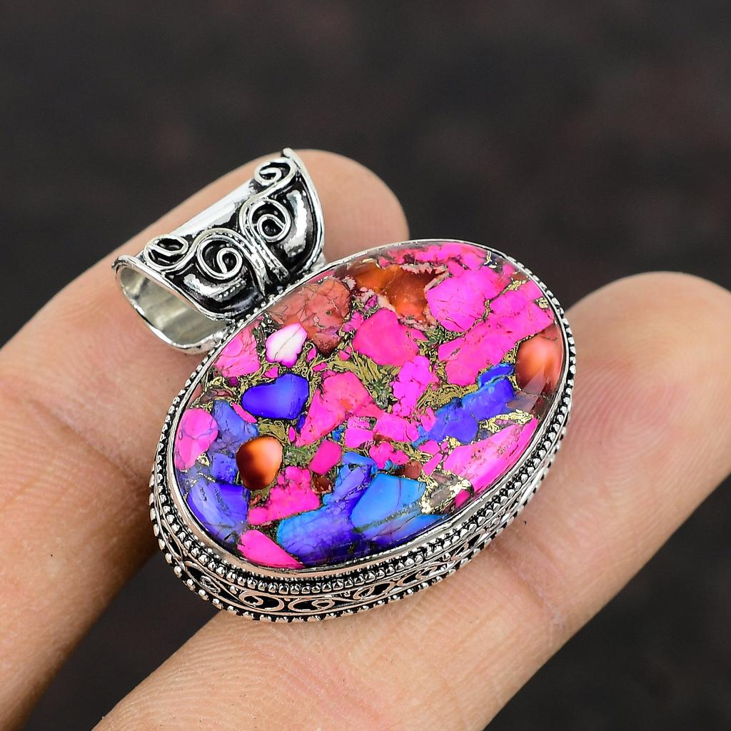 Natural Kingman Pink Dahlia Turquoise Gemstone Pendant 925 Sterling Silver Pendants Brand New Jewelry Handmade Vintage Pendant Gift For Him