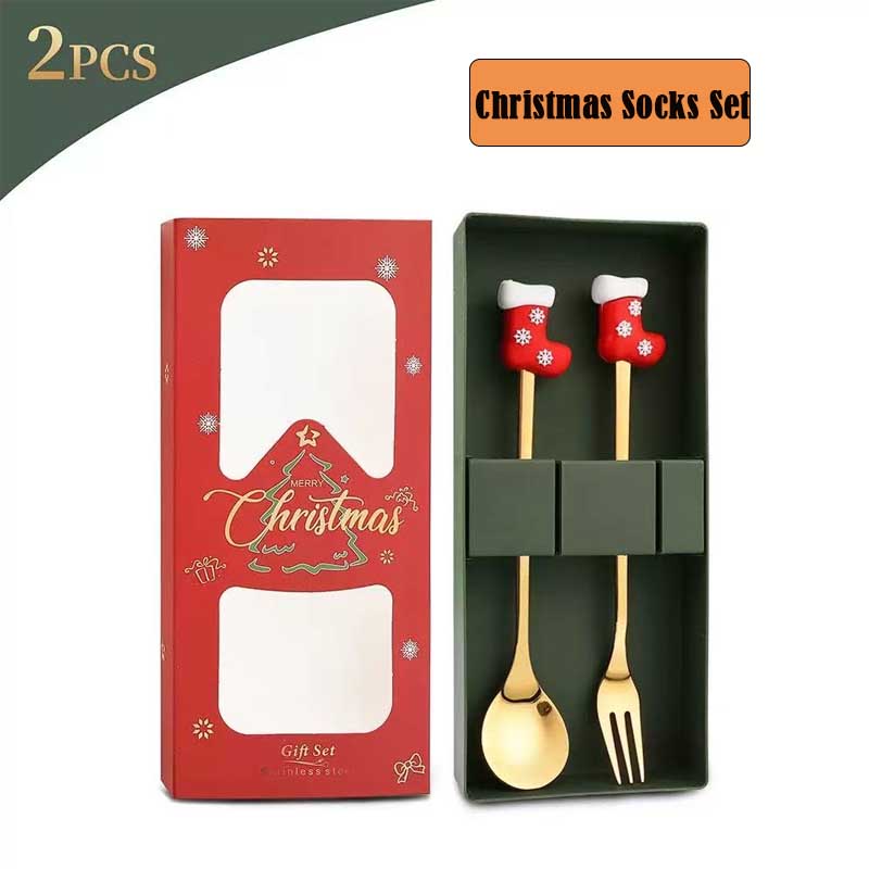 2PCS Stainless Steel Coffee Spoon Christmas Dessert Spoon Cake Fork Cartoon Christmas Tree Elk Spoon Fork Christmas Gift Box