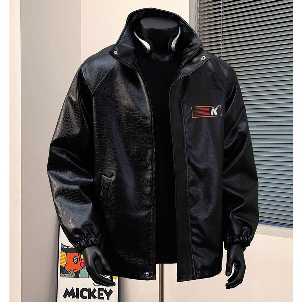 Spring and Autumn New Hong Kong Style Model Crocodile Pattern PU Leather Fabric Jacket Men's Warm Casual Versatile Lapel Jacket
