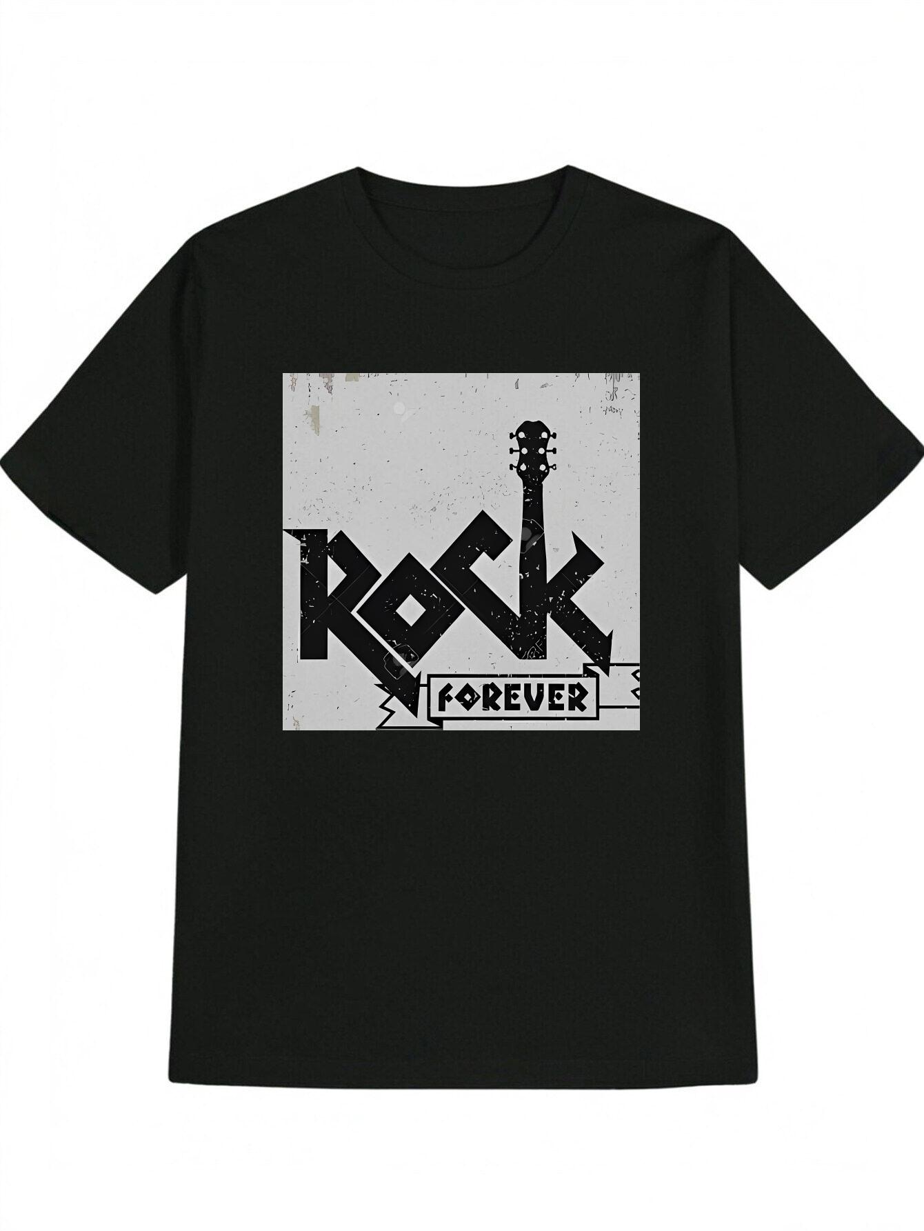 Casual Rock Graphic T-shirt - Distressed ROCK FOREVER Print with Guitar Silhouette S