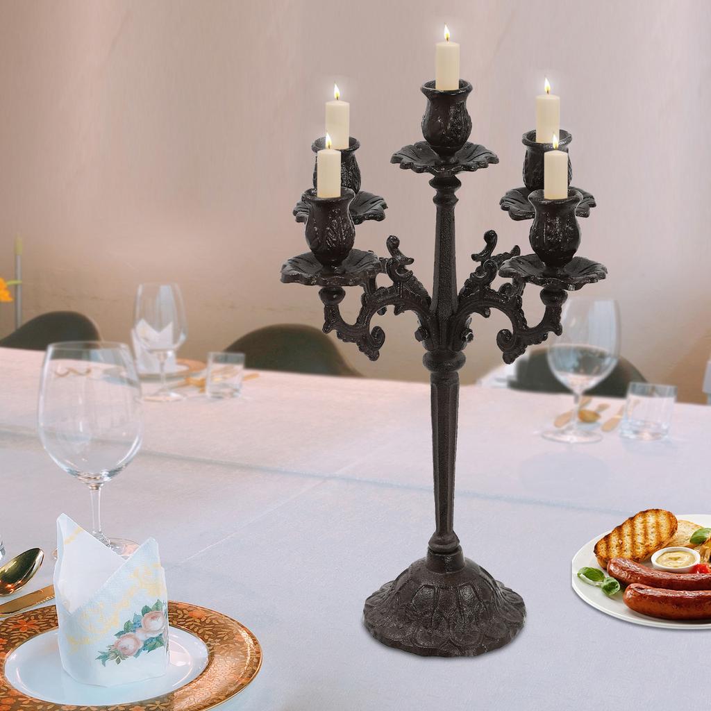 Height 17in Vintage 5-Arm Candle Holder – Rustic Brown Iron Candelabra for Tabletop Decor – Antique-Style 5-Light Candle Stand