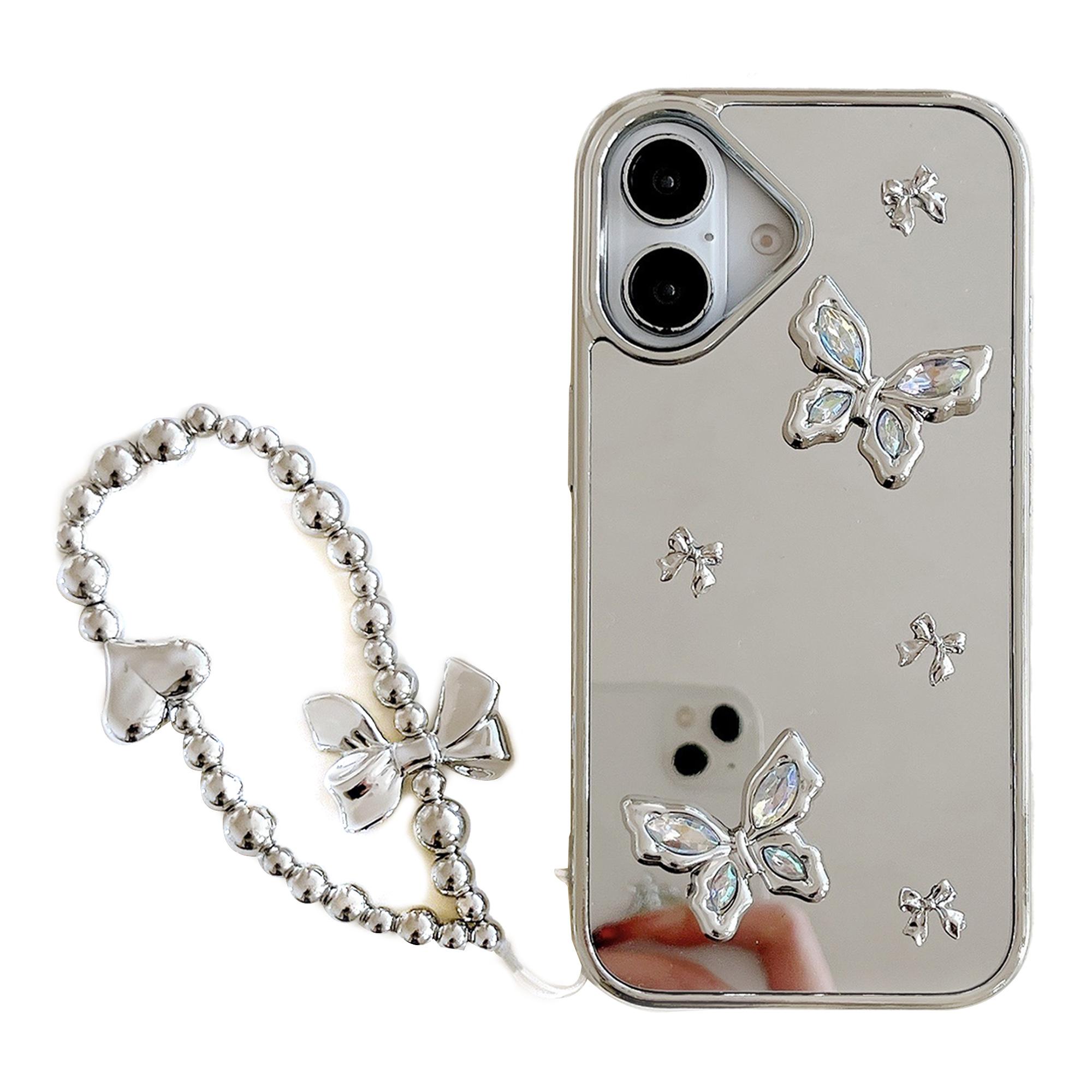 

For iPhone 16 Case Rhinestone Decor Butterfly Mirror Surface Phone Cover with Strap A
