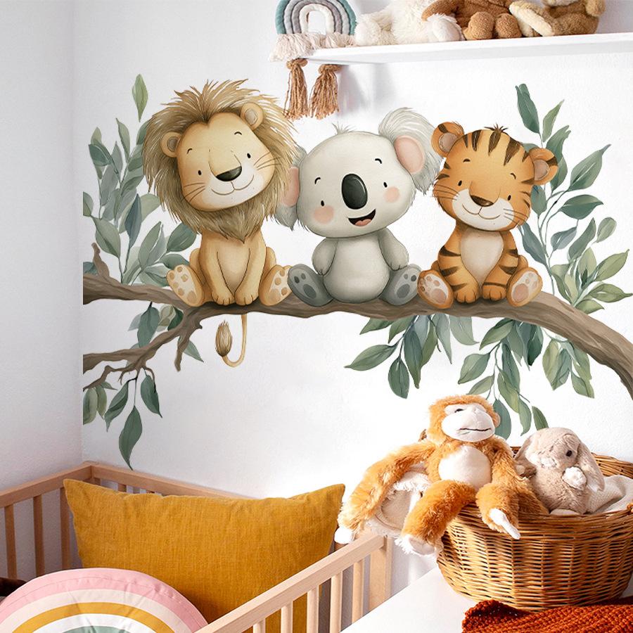 Animals On a Branch Wall Stickers, Lion Koala Tiger Self-Adhesive Decor for Nursery Kids Room Decoration