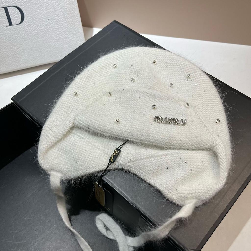 Light Luxury Rhinestone Min Rabbit Hair Knitted Hat Winter Outdoor Double-Layer Thermal Ear Protection Hat Celebrity Style Bag Head Hat