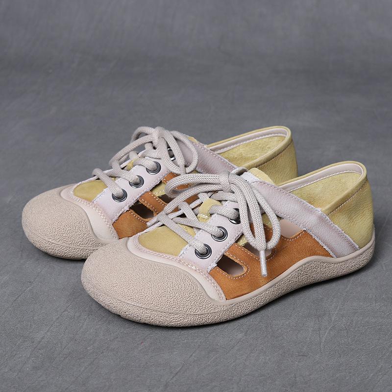 Johnature Genuine Leather Retro Hollowed Out Women's Flat Shoes Versatile Casual Soft Soled Mixed Colors Sandals