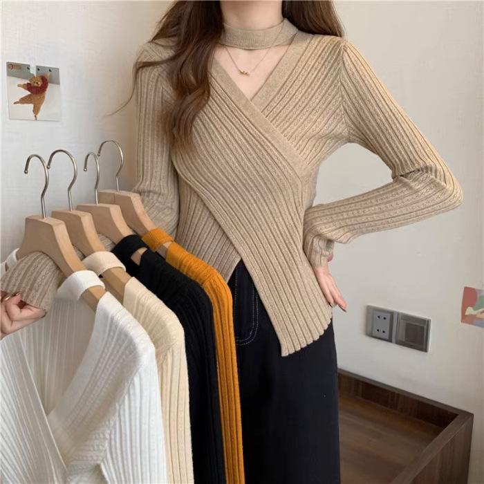 White Cross V-Neck Knit Sweater for Women - Slim Fit, Irregular Halter, Trendy Korean Style