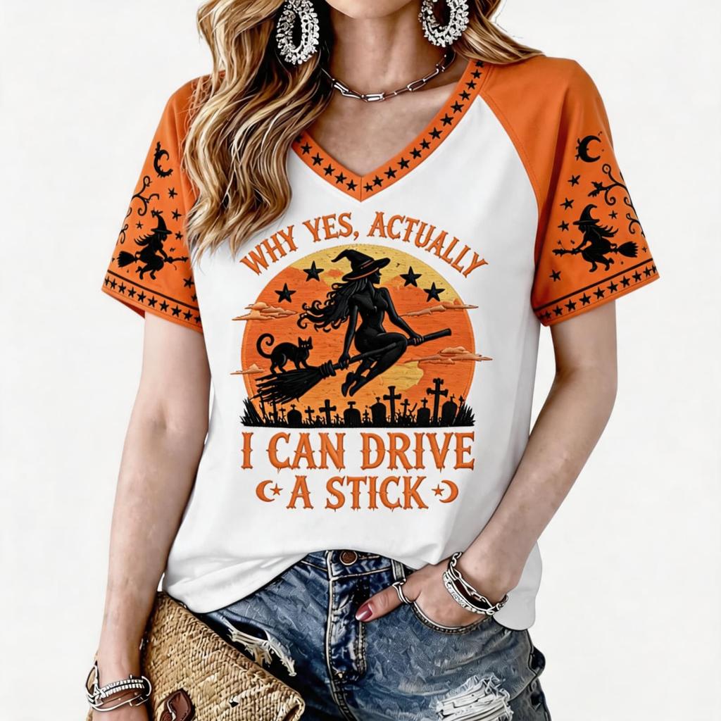 Women's Halloween Printed Raglan Short Sleeve T-Shirt