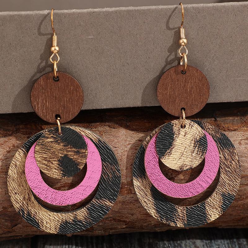 Vintage Bohemian Multi Layer Leopard Print Hollowed Out Leather Earrings for Women Daily Accessory Gifts
