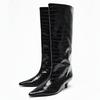 Women's Black Crocodile Embossed Knee High Boots Pointed Toe Kitten Heel Patent Leather Finish Stylish Party Daily Wear Footwear