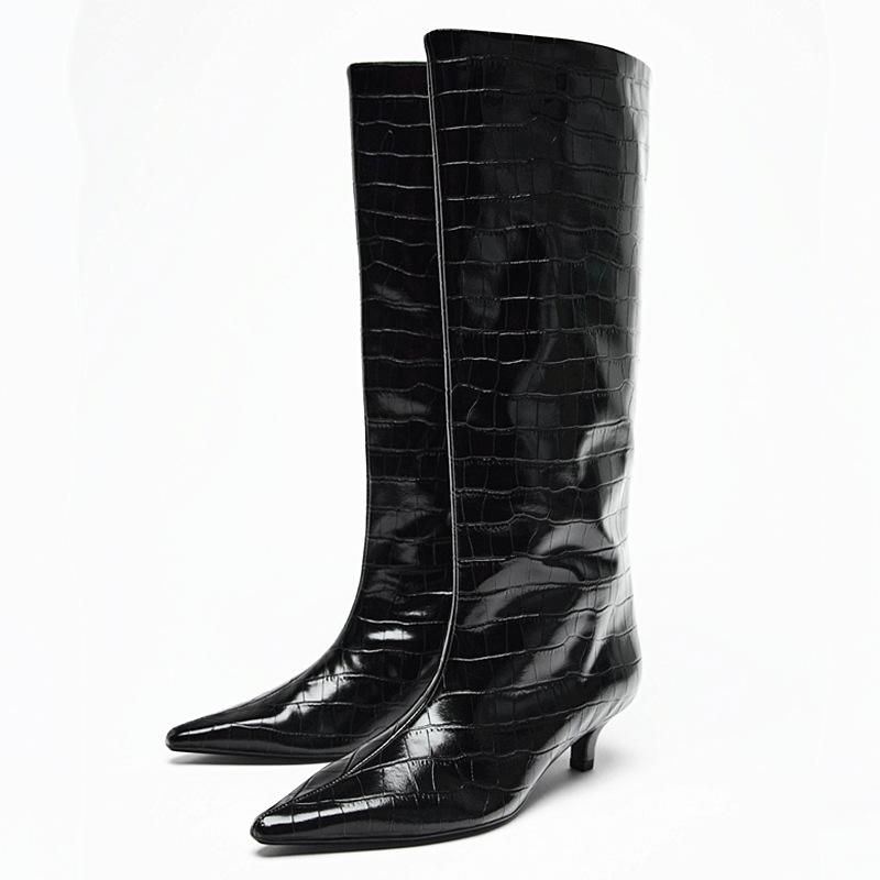 

Women s Black Crocodile Embossed Knee High Boots Pointed Toe Kitten Heel Patent Leather Finish Stylish Party Daily Wear Footwear 42