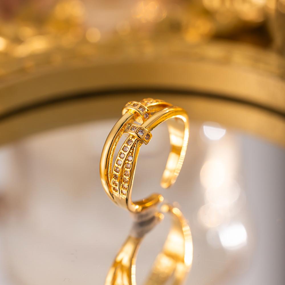 Exquisite super flash zircon ring for girls, light luxury, high-end sense opening adjustable ring, simple real gold electroplating